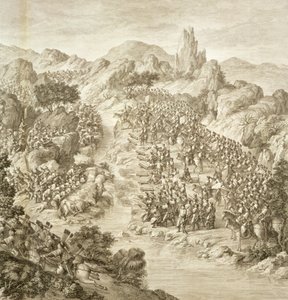 1759年中国军队与埃里克斯之间的第一场战斗，详细的战斗过河，从一系列代表征服干隆皇帝的印刷品的盘子10 作者 让·达马森（Jean Damascene）